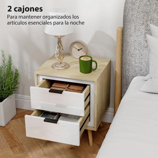 Juego de 2 Mesitas de Noche Modernas con 2 Cajones con Deslizamiento Silencioso 40x35x50 cm Blanco Brillo y Roble [2]