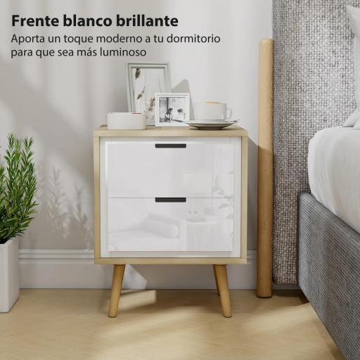 Juego de 2 Mesitas de Noche Modernas con 2 Cajones con Deslizamiento Silencioso 40x35x50 cm Blanco Brillo y Roble [4]