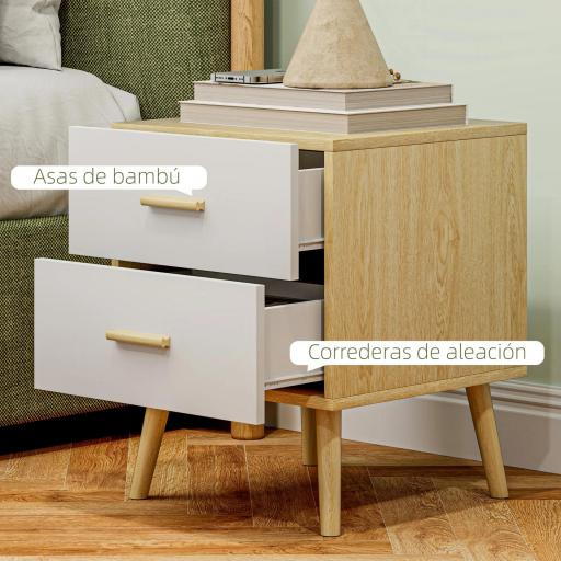 Mesitas de Noche de 2 Piezas con Cajones y Asas de Bambú Mesas Auxiliares para Salón Dormitorio Roble [5]