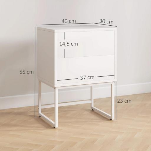 Pack de 2 Mesitas de Noche Estrechas con 2 Cajones Apertura por Presión y Patas de Acero 40x30x55 cm Blanco [1]