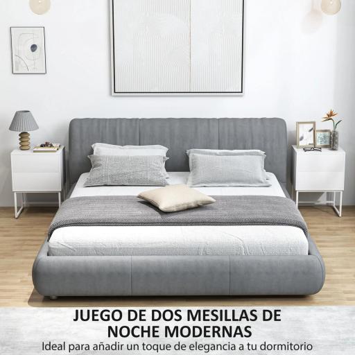 Pack de 2 Mesitas de Noche Estrechas con 2 Cajones Apertura por Presión y Patas de Acero 40x30x55 cm Blanco [6]