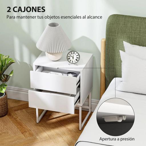 Pack de 2 Mesitas de Noche Estrechas con 2 Cajones Apertura por Presión y Patas de Acero 40x30x55 cm Blanco [2]
