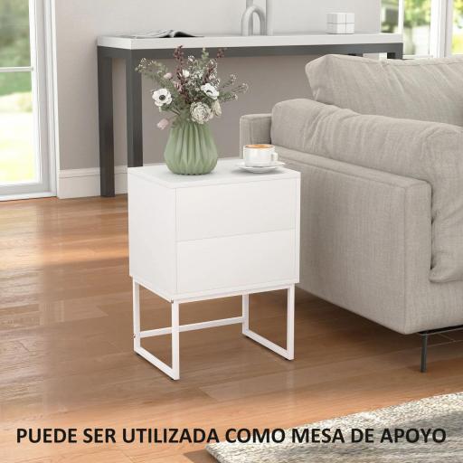 Pack de 2 Mesitas de Noche Estrechas con 2 Cajones Apertura por Presión y Patas de Acero 40x30x55 cm Blanco [4]