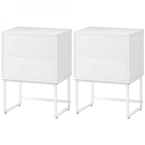 Pack de 2 Mesitas de Noche Estrechas con 2 Cajones Apertura por Presión y Patas de Acero 40x30x55 cm Blanco [9]