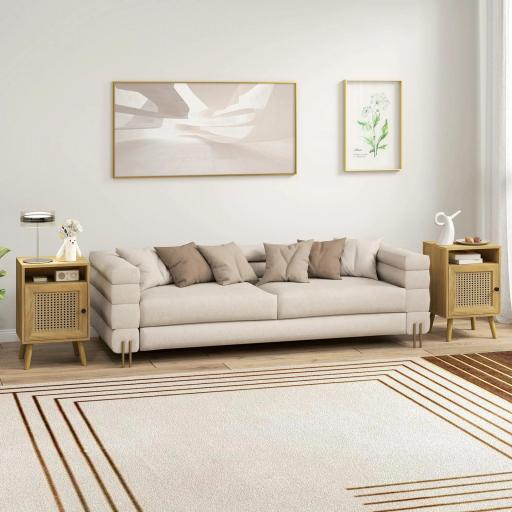 Juego de 2 Mesillas de Noche Estilo Cannage con Puerta y Estante Abierto Mesas Auxiliares 39x35x60 cm Natural [5]