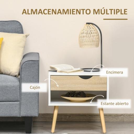 Set de 2 Mesitas de Noche Mesa Auxiliar Mesillas de Noche con Cajón y Estante de Almacenamiento para Dormitorio Salón Cama Oficina Estilo Moderno 50x39x51 cm Blanco y Roble [4]