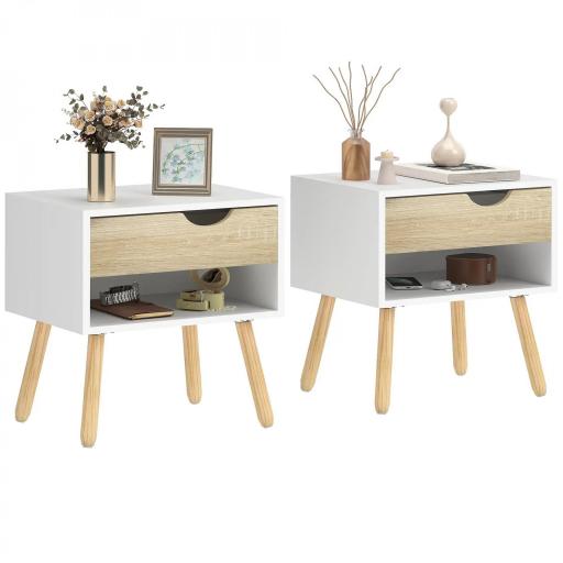 Set de 2 Mesitas de Noche Mesa Auxiliar Mesillas de Noche con Cajón y Estante de Almacenamiento para Dormitorio Salón Cama Oficina Estilo Moderno 50x39x51 cm Blanco y Roble [8]