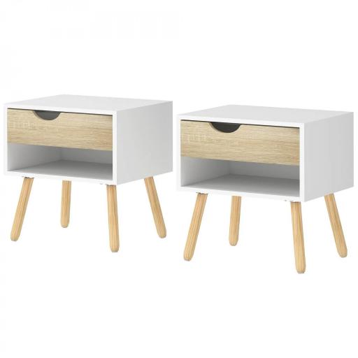 Set de 2 Mesitas de Noche Mesa Auxiliar Mesillas de Noche con Cajón y Estante de Almacenamiento para Dormitorio Salón Cama Oficina Estilo Moderno 50x39x51 cm Blanco y Roble [9]
