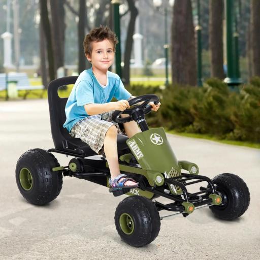 Go Kart Coche de Pedales Racing Deportivo con Asiento Ajustable Embrague y Freno para Niños 3-6 Años Carga 35kg 99x65x56cm Marco Acero Negro y Verde