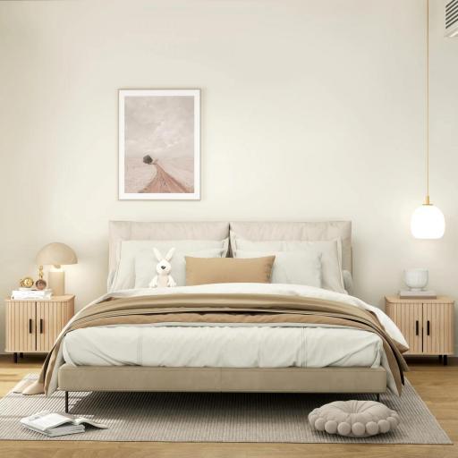 Pack de 2 Mesitas de Noche con Puertas Correderas 2 Estantes y Patas de Acero Estilo Escandinavo 48x40x48 cm Roble