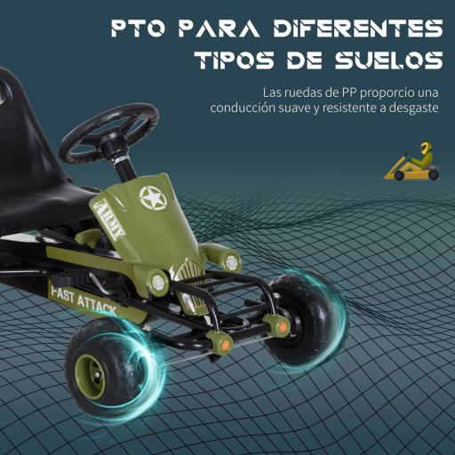 Go Kart Coche de Pedales Racing Deportivo con Asiento Ajustable Embrague y Freno para Niños 3-6 Años Carga 35kg 99x65x56cm Marco Acero Negro y Verde [4]