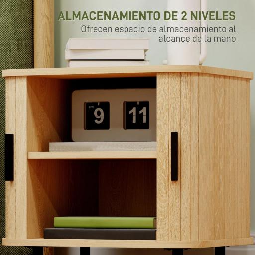 Pack de 2 Mesitas de Noche con Puertas Correderas 2 Estantes y Patas de Acero Estilo Escandinavo 48x40x48 cm Roble [3]