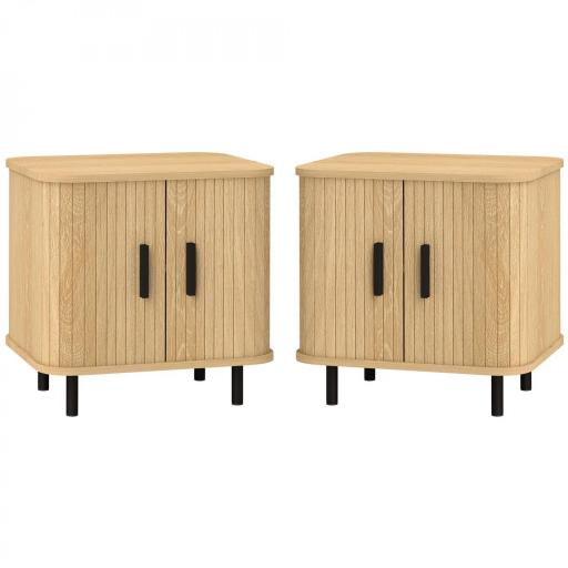 Pack de 2 Mesitas de Noche con Puertas Correderas 2 Estantes y Patas de Acero Estilo Escandinavo 48x40x48 cm Roble [9]