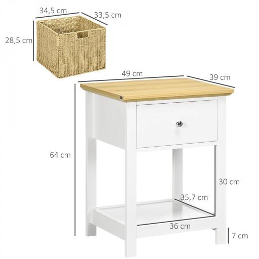 Mesita de Noche con Cajón y Cesta de Ratán Plegable Mesa Auxiliar para Salón Dormitorio 49x39x64 cm Blanco y Natural [1]