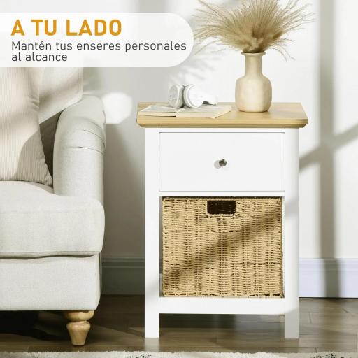 Mesita de Noche con Cajón y Cesta de Ratán Plegable Mesa Auxiliar para Salón Dormitorio 49x39x64 cm Blanco y Natural [6]