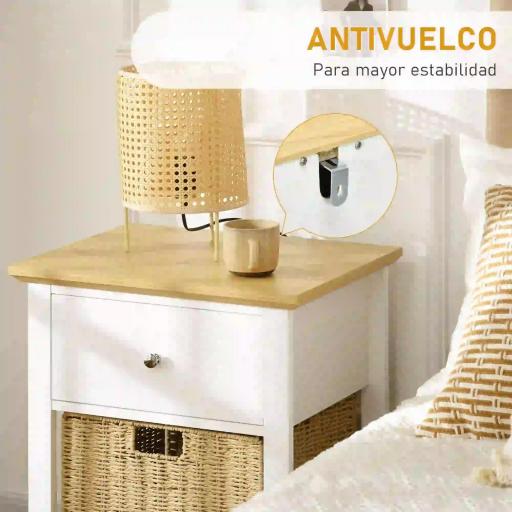 Mesita de Noche con Cajón y Cesta de Ratán Plegable Mesa Auxiliar para Salón Dormitorio 49x39x64 cm Blanco y Natural [7]