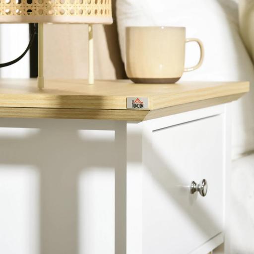 Mesita de Noche con Cajón y Cesta de Ratán Plegable Mesa Auxiliar para Salón Dormitorio 49x39x64 cm Blanco y Natural [2]