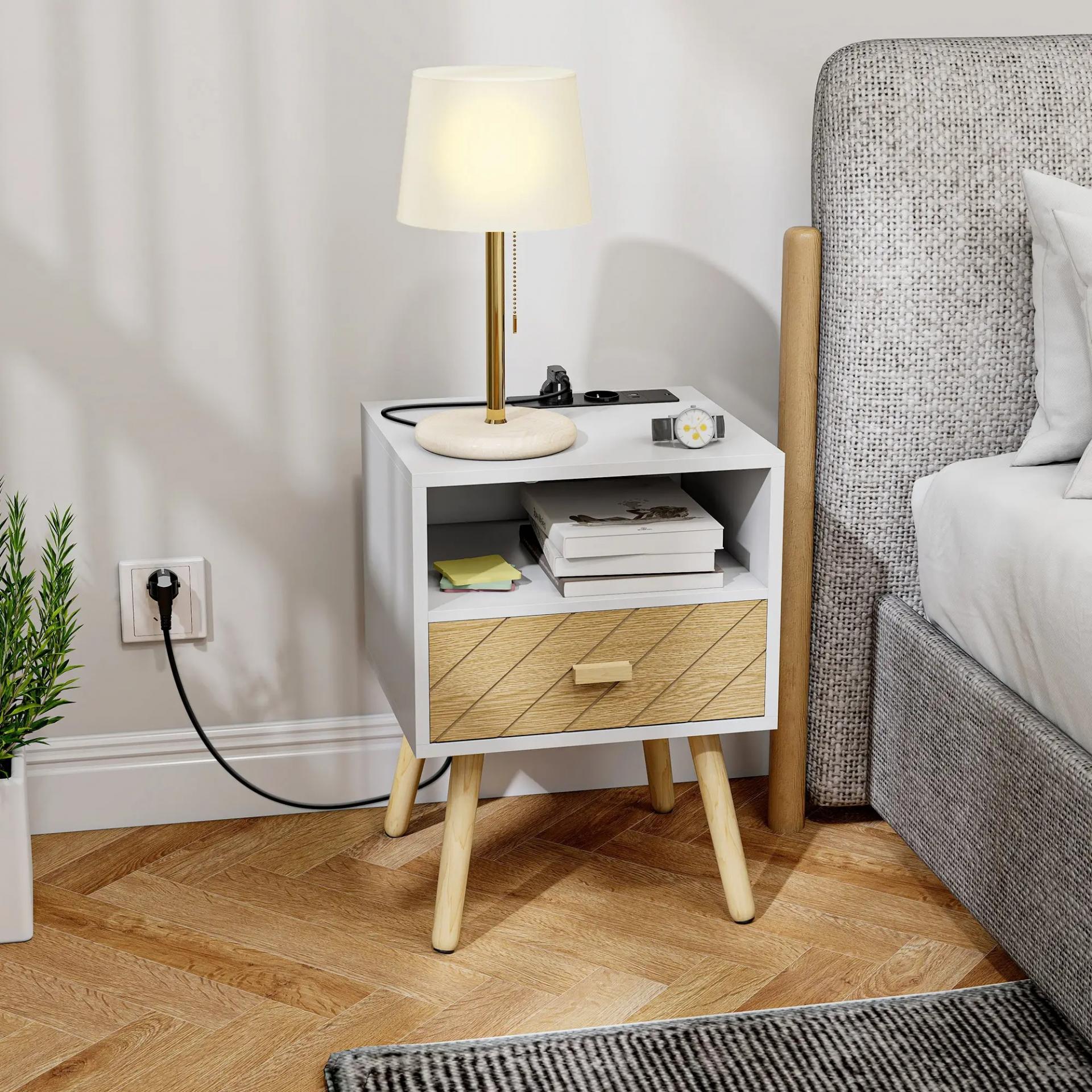 Mesilla de Noche con Estación de Carga Cajón 2 Tomas AC Puerto USB Tipo-C Compartimento Abierto Patas de Madera Blanco