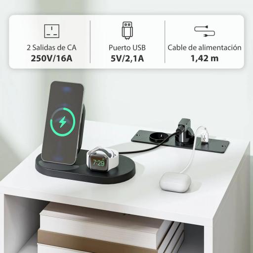 Mesilla de Noche con Estación de Carga Cajón 2 Tomas AC Puerto USB Tipo-C Compartimento Abierto Patas de Madera Blanco [7]