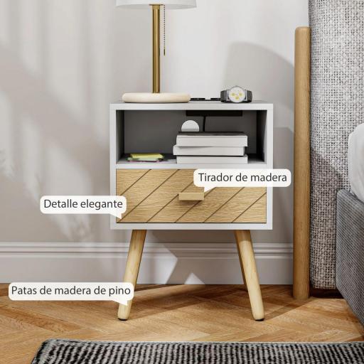 Mesilla de Noche con Estación de Carga Cajón 2 Tomas AC Puerto USB Tipo-C Compartimento Abierto Patas de Madera Blanco [6]