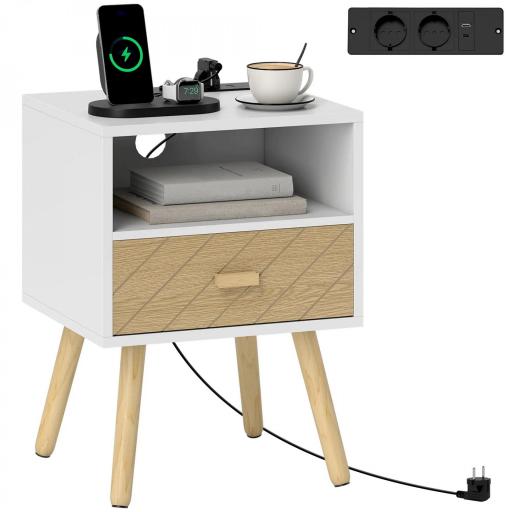Mesilla de Noche con Estación de Carga Cajón 2 Tomas AC Puerto USB Tipo-C Compartimento Abierto Patas de Madera Blanco [8]