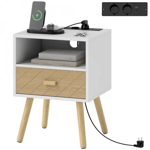 Mesilla de Noche con Estación de Carga Cajón 2 Tomas AC Puerto USB Tipo-C Compartimento Abierto Patas de Madera Blanco [9]