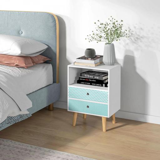 Cómoda de Madera Cajonera con 2 Cajones Mesita de Noche con Estante Abierto para Dormitorio Salón 45x30x65 cm Blanco [8]