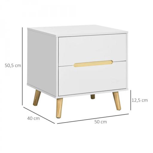 Mesita de Noche con 2 Cajones y Patas de Madera Mesilla de Noche Estilo Moderno 50x40x50,5 cm Blanco [1]