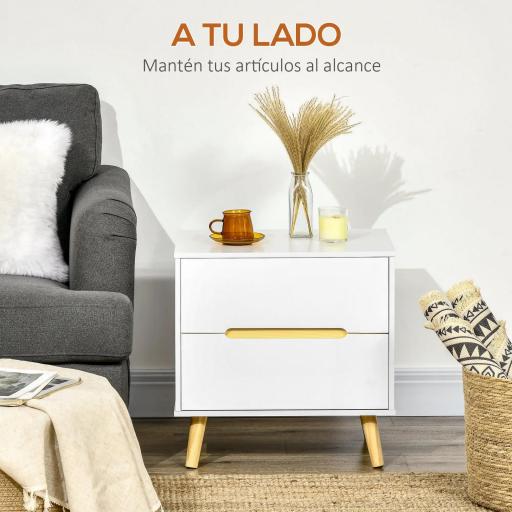 Mesita de Noche con 2 Cajones y Patas de Madera Mesilla de Noche Estilo Moderno 50x40x50,5 cm Blanco [2]