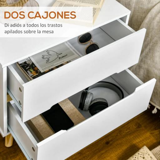 Mesita de Noche con 2 Cajones y Patas de Madera Mesilla de Noche Estilo Moderno 50x40x50,5 cm Blanco [3]