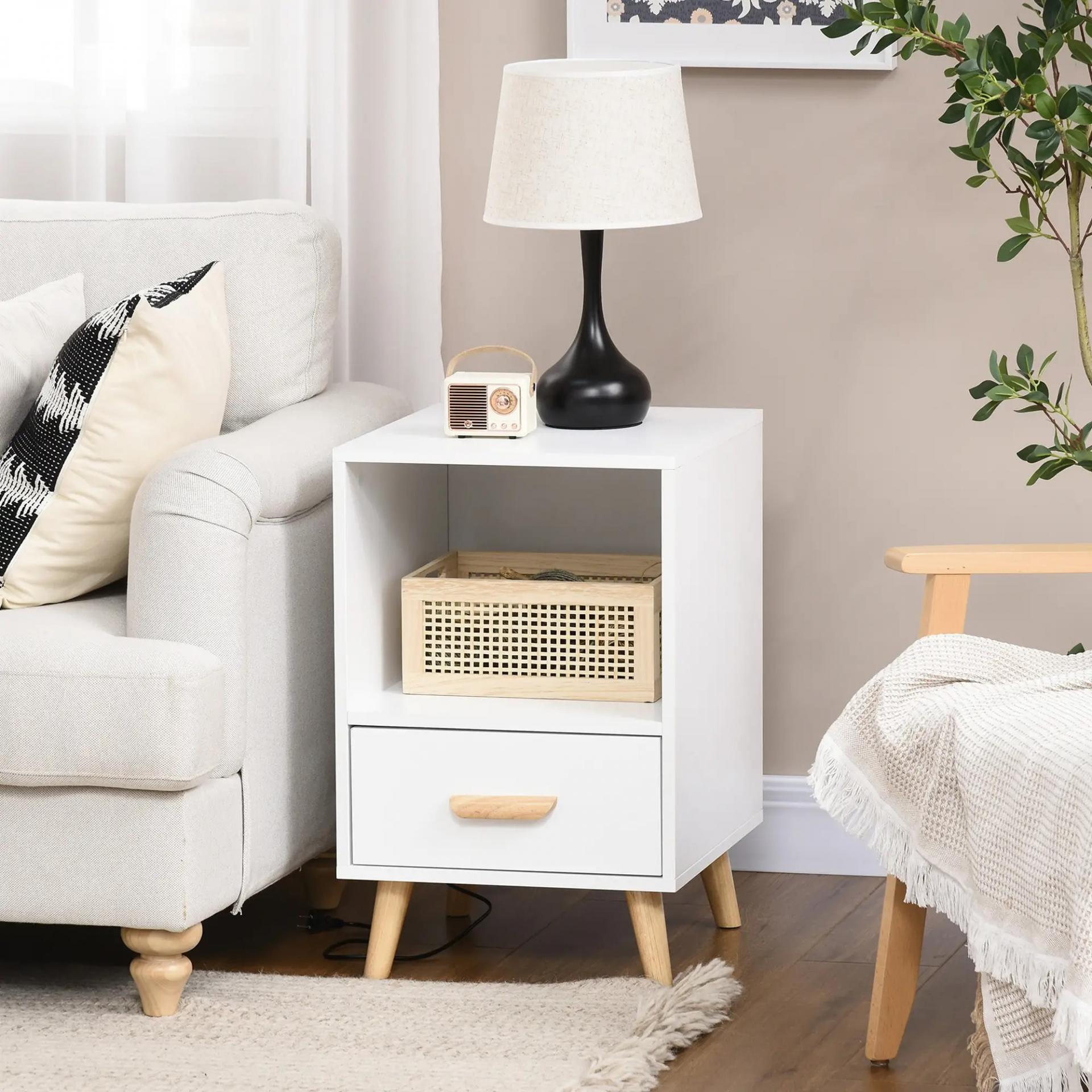 Mesita de Noche con 1 Cajón y Estante Mesa Auxiliar de Estilo Nórdico para Salón Dormitorio 40x40x62 cm Blanco