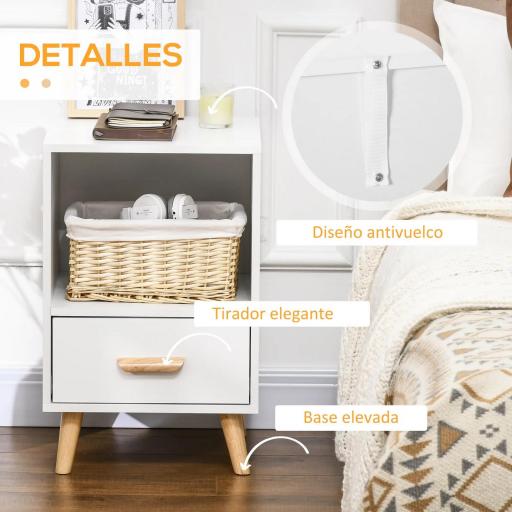 Mesita de Noche con 1 Cajón y Estante Mesa Auxiliar de Estilo Nórdico para Salón Dormitorio 40x40x62 cm Blanco [3]
