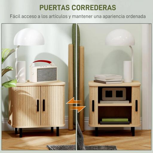 Mesita de Noche para Dormitorio con Puertas Correderas 2 Estantes y Patas de Acero Estilo Escandinavo 48x40x48 cm Roble [3]