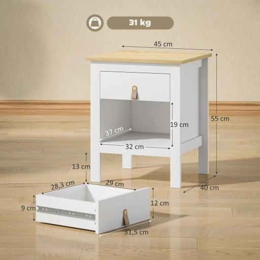Mesilla de Noche con 1 Cajón Compartimento Abierto Tirador de PU Mesa Auxiliar para Salón Dormitorio 45x40x55 cm Blanco [2]