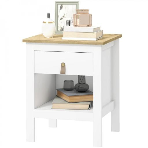 Mesilla de Noche con 1 Cajón Compartimento Abierto Tirador de PU Mesa Auxiliar para Salón Dormitorio 45x40x55 cm Blanco [9]