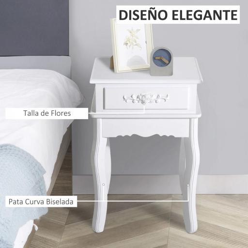 Mesita de Noche con 1 Cajón Mesa Auxiliar de Madera para Dormitorio Salón Estilo Moderno 40x35x60 cm Blanco [3]