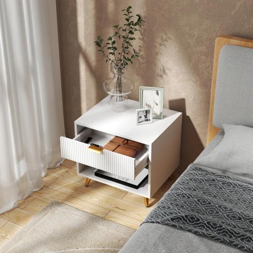 Mesita de Noche Moderna Mesilla de Noche con Cajón y Compartimento Abierto para Dormitorio Salón 50x40x47 cm Blanco [4]