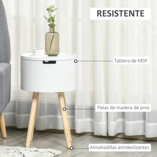 Mesa Auxiliar de Salón Moderna Mesita de Noche con Tapa Extraíble Espacio de Almacenamiento y Patas de Madera para Dormitorio Sofá Esquina Ø38x63 cm Blanco [3]
