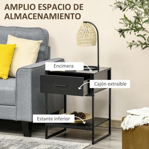 Mesilla de Noche Mesa Auxiliar con 1 Cajón y Estante de Almacenamiento para Dormitorio Salón Oficina 45x40x60 cm Negro [3]
