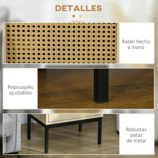 Mesita de Noche con Puerta de Ratán Mesilla de Noche Estilo Boho con Patas de Metal para Dormitorio 43x30x51 cm Roble [1]