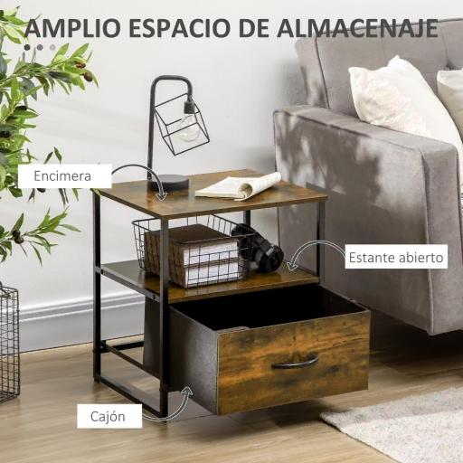 Mesita de Noche con 1 Cajón de Tela Plegable Mesa Auxiliar para Oficina Estudio 45x40x50,5 cm Marrón Rústico [4]