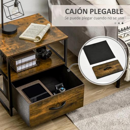 Mesita de Noche con 1 Cajón de Tela Plegable Mesa Auxiliar para Oficina Estudio 45x40x50,5 cm Marrón Rústico [7]