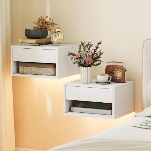 Juego de 2 Mesitas de Noche Flotantes con Luces LED RGB Control de APP Cajón Estante Abierto 37x32x21 cm Blanco