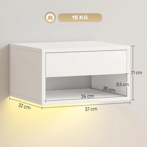Juego de 2 Mesitas de Noche Flotantes con Luces LED RGB Control de APP Cajón Estante Abierto 37x32x21 cm Blanco [1]
