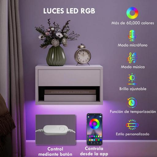 Juego de 2 Mesitas de Noche Flotantes con Luces LED RGB Control de APP Cajón Estante Abierto 37x32x21 cm Blanco [3]