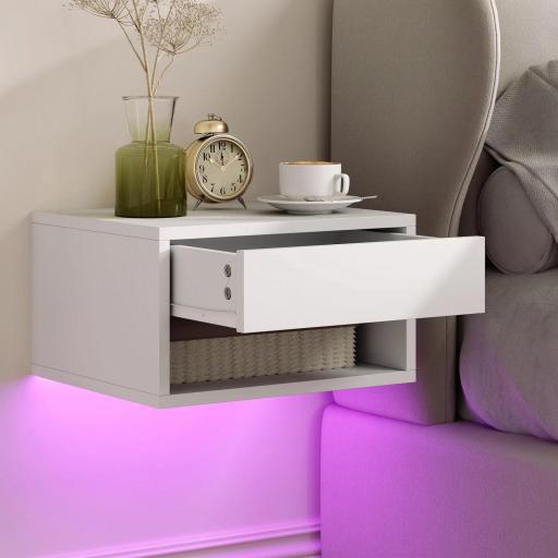 Juego de 2 Mesitas de Noche Flotantes con Luces LED RGB Control de APP Cajón Estante Abierto 37x32x21 cm Blanco [9]