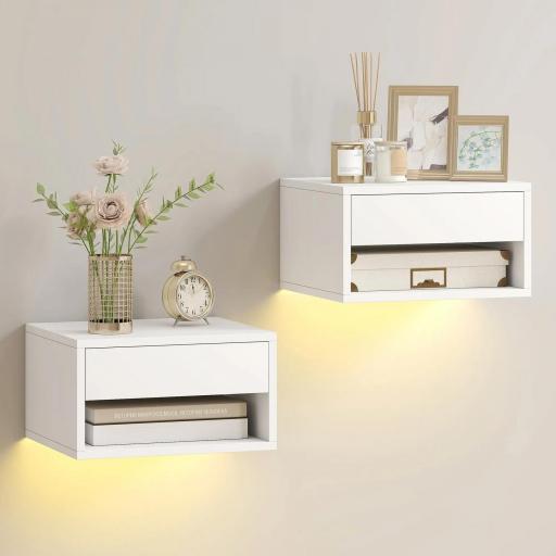 Juego de 2 Mesitas de Noche Flotantes con Luces LED RGB Control de APP Cajón Estante Abierto 37x32x21 cm Blanco [5]