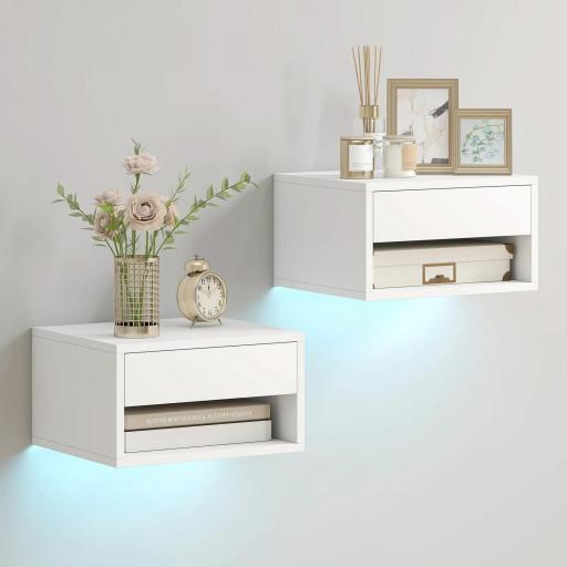 Juego de 2 Mesitas de Noche Flotantes con Luces LED RGB Control de APP Cajón Estante Abierto 37x32x21 cm Blanco [7]