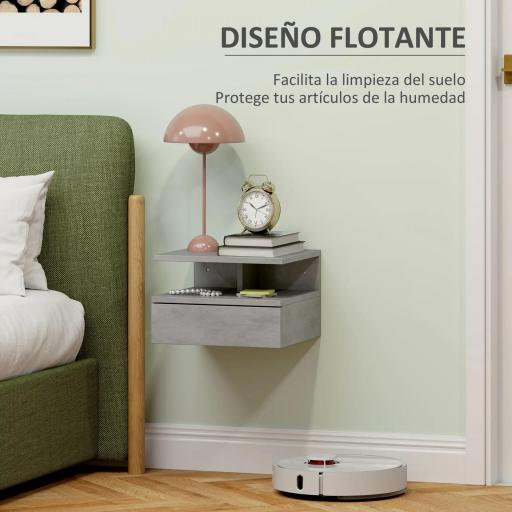  2 Mesitas de Noche Flotantes con 1 Cajón y Estante Abierto Diseño Moderno 35x32x22,5 cm Gris [6]