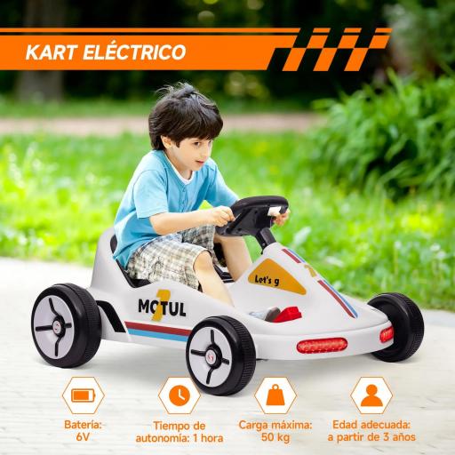 Kart Eléctrico 6 V Kart para Niños de +3 Años con Música Luz Bocina Cinturón de Seguridad Go Kart Carga 50 kg Blanco [4]